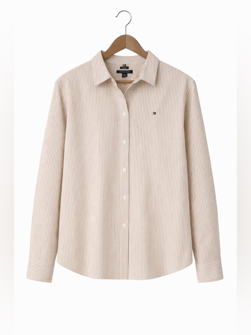 Tommy Hilfiger Beige and White Pinstripe Button-Up Shirt